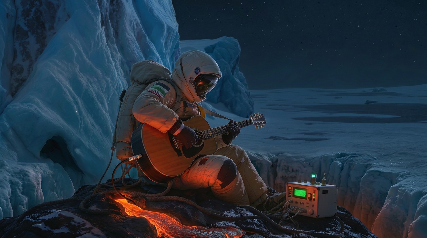 The Traveller, in a patched survival suit, plays guitar on a dark rock outcropping among ice spires. A seam of molten rock spreads from beneath him where the sound meets the ground, lit by a single worklight clipped to a handmade device beside him.